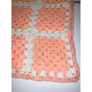 Handmade Crocheted Afghan Throw Blanket Peach & White Granny Squares 60 x 53 EUC